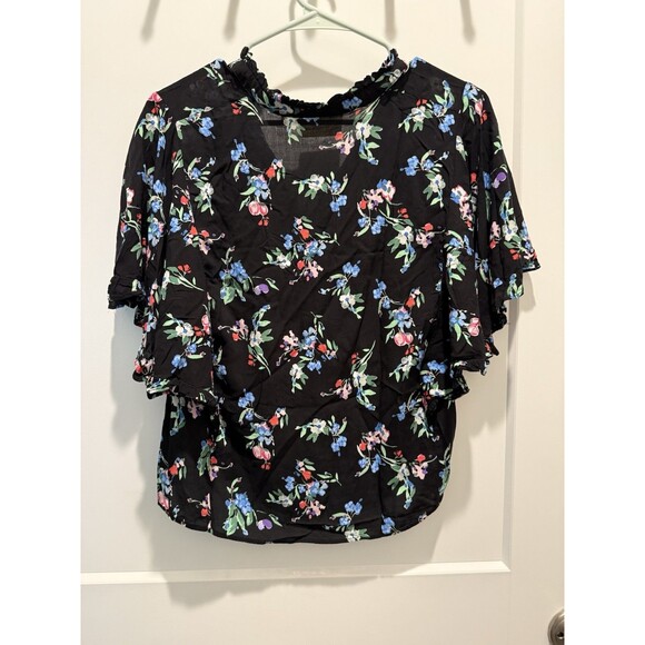 Anthropologie Maeve Aveiro Flutter Sleeve Button Down Blouse Small Black Motif - Picture 7 of 7